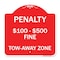 Signmission Penalty $100-$500 Fine Tow-Away Zone, Red & White Aluminum Sign, 18" x 18", RW-1818-23334 A-DES-RW-1818-23334 - alternate 1
